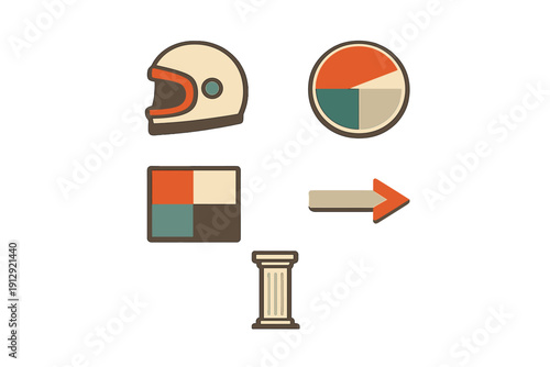 A collection of five minimalist icons including a motorcycle helmet, a pie chart, a square grid, an arrow, and a classical column, all presented in a retro color palette on a black background.