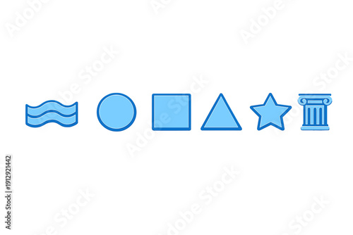 A row of six light blue geometric and symbolic icons including waves, a circle, a square, a triangle, a star, and a classical column, all set against a solid black background.