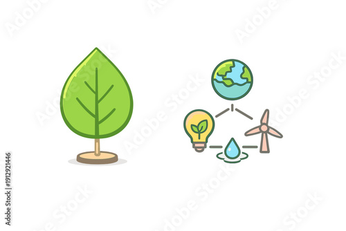 This illustration shows a stylized green leaf on a base alongside a circular diagram connecting Earth, a lightbulb with a leaf, a wind turbine, and a water droplet icon.