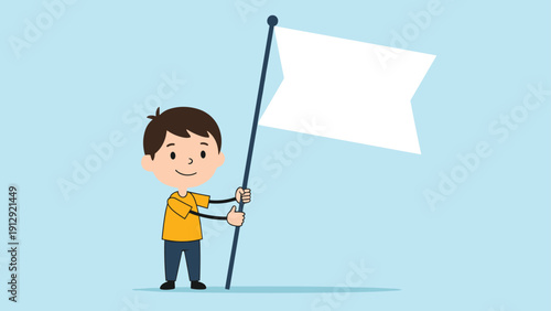 Smiling young boy character standing and holding a tall flagpole with a blank white flag for peace or custom message options.