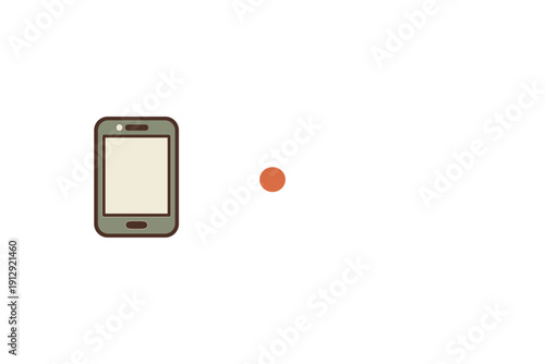 This minimalist flat design illustration features a grey smartphone with a cream-colored screen and a small orange circle, all positioned against a solid black background.