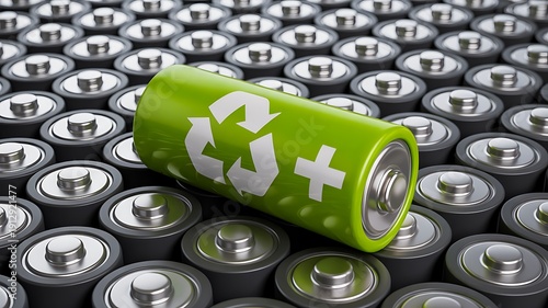 Green rechargeable battery with recycle symbol sustainable energy concept
