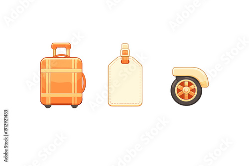 A collection of three travel-related icons featuring an orange suitcase with a handle, a cream-colored luggage tag with a buckle, and a single suitcase wheel on a black background.