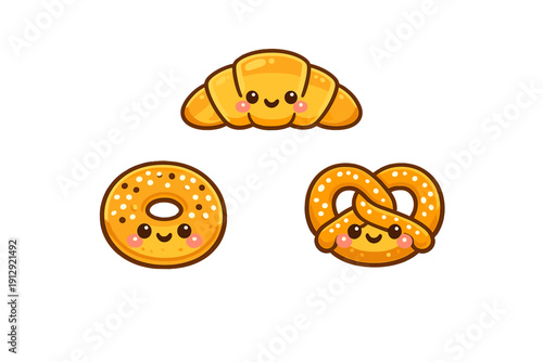 A collection of three cute cartoon bakery items including a croissant, a bagel, and a pretzel, each featuring a smiling kawaii face and pink cheeks against a solid black background.
