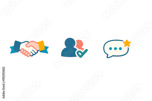 Three colorful business icons featuring a handshake, user silhouettes with a checkmark, and a speech bubble with a star, all presented as stickers on a black background.
