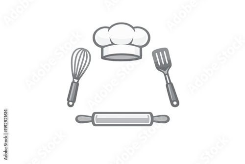 This graphic features a white chef's hat surrounded by a whisk, a spatula, and a rolling pin. The silver-toned kitchen tools are set against a solid black background for a clean look.