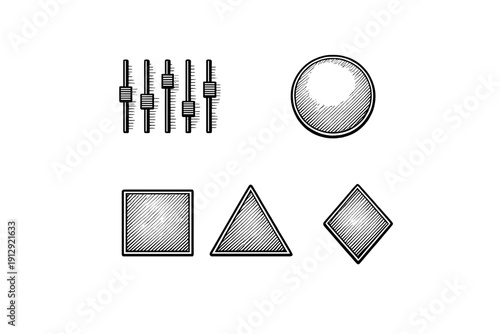A collection of white geometric icons on a black background including a square, triangle, diamond, circle, and audio sliders, all featuring a distinctive diagonal hatched texture.