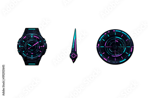A futuristic digital watch design featuring neon pink and cyan accents on a black background, shown with its individual hand and dial components in a sci-fi tech style.