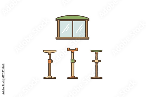 This flat vector illustration shows a double pane window with a green arched top positioned above three different adjustable stands or stools against a solid black background.