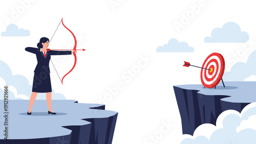 Professional woman aiming a bow and arrow across a cliff gap at a target representing precision and overcoming business challenges.