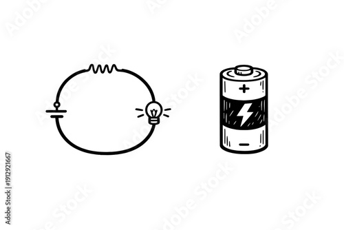 A black and white line drawing showing a simple electrical circuit diagram with a battery, resistor, and light bulb next to a three-dimensional illustration of a cylindrical battery.