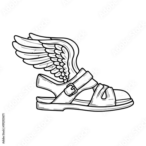 Winged Sandal Vector. Black outline flying shoe isolated. Ancient Greek mythology Hermes messenger god divine footwear magic speed flight symbol minimal line art graphic design illustrations elements
