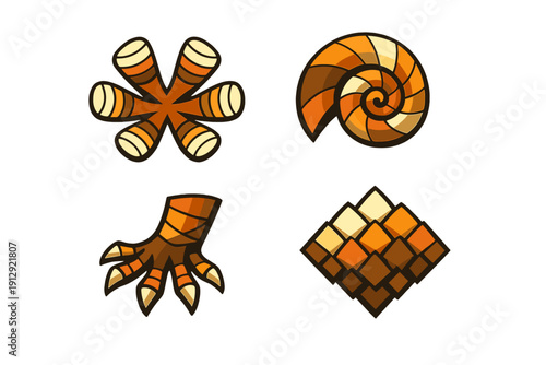 A set of four stylized vector icons featuring a spiral shell, a clawed hand, a star-shaped organism, and a diamond scale pattern in warm orange and brown tones on a black background.