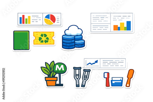 This set of flat design stickers includes various icons such as bar graphs, a recycling ticket, cloud computing, crutches, a potted plant, and personal care tools on a black background.