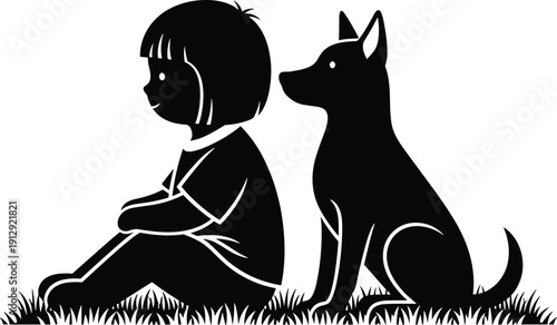 Cute Child Sitting on Grass with Pet Dog Silhouette Showing Friendship, Loyalty and Emotional Bond Concept