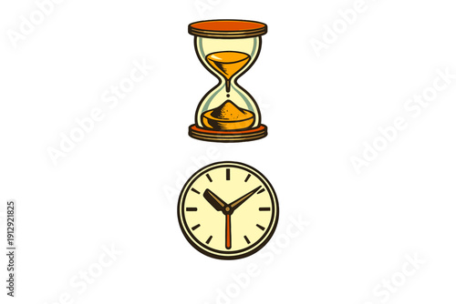 An illustration featuring a vintage-style hourglass with yellow sand and a round analog clock face, both centered vertically against a solid black background for a minimalist look.