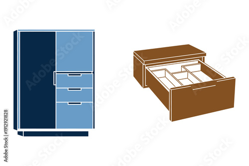 Refrigerator and Bed Furniture Icon Set in Flat Minimal Vector Style