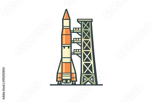 A minimalist vector graphic shows a space rocket positioned on a launch platform with a gantry tower. The design uses a color palette of orange, white, and cream on black.