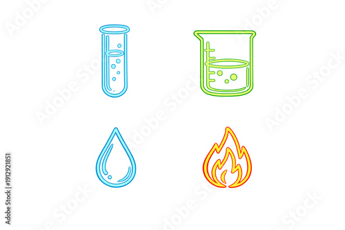 A set of four glowing neon icons featuring a blue test tube, a green beaker, a blue water drop, and an orange fire flame, all isolated on a solid black background.