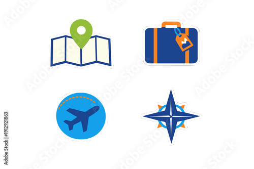 A set of four travel-themed stickers featuring a map with a location pin, a blue suitcase, an airplane icon, and a compass rose, all set against a solid black background.