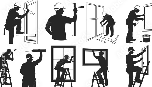 Black vector silhouette set of professional contractors installing glass windows and performing residential home repairs for construction maintenance remodeling and window glass branding,
