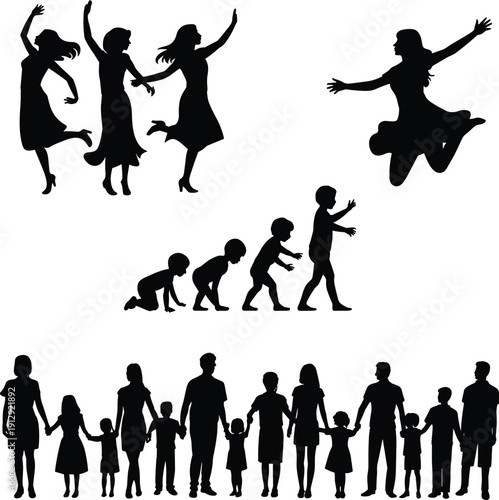 Women dancing silhouettes, child growth stages and happy family holding hands, human life cycle black vector illustration isolated