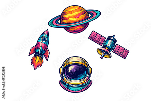 Colorful space exploration icons including a ringed planet, a rocket ship, a satellite, and an astronaut helmet. The vibrant illustrations are set against a black background.