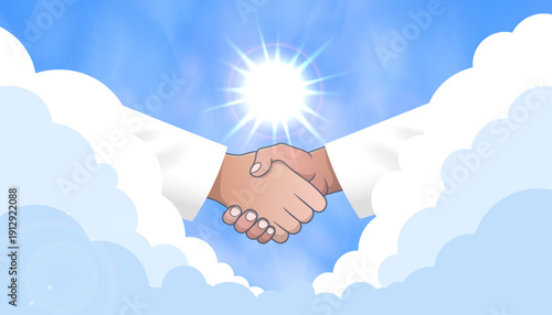 Vector celestial poster. Heavenly handshake. Blue cloudy skies of promise. Bright, radiant sun with luminous highlights. Pure white robes. Paradise and mythology