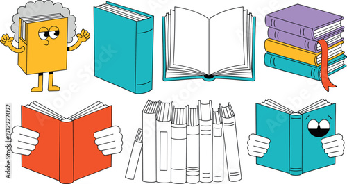 Cartoon Book Characters Collection with Open and Closed Books Educational Reading Vector Illustration