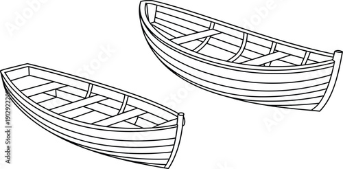 Wooden rowboat set illustration, vintage fishing boats vector line art isolated on white background nautical transport design