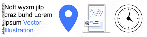 Navigation, cryptocurrency, time tracking, data analysis, scheduling, mapping trends. Blue location pin, mobile screen with graphs and BTC analog clock. Navigation and cryptocurrency
