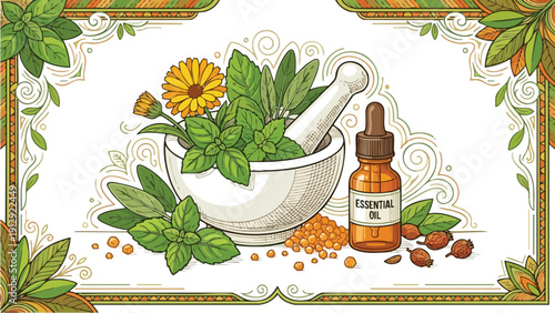 Mortar and pestle with herbs and essential oil bottle.