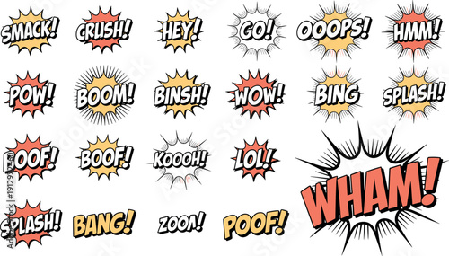 Comic Sound Effect Words Collection Pop Art Speech Burst Explosions Cartoon Vector Illustration Set