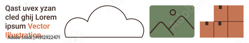 Cloud computing, data storage, logistics, shipping, digital , icons. Minimalist cloud shape, landscape image and cargo boxes. Cloud computing and logistics concept