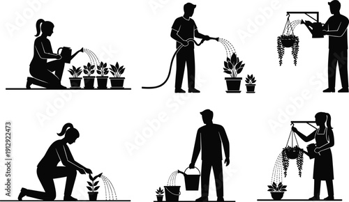 Collection of black silhouettes featuring men and women gardening and watering potted plants with hoses and watering cans isolated on white background for hobby