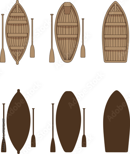 Wooden, rowing, boats, paddles, flat, vector, illustration, top, view, rowboat, nautical, watercraft, transportation, fishing, vintage, isolated, background, collection, marine, design