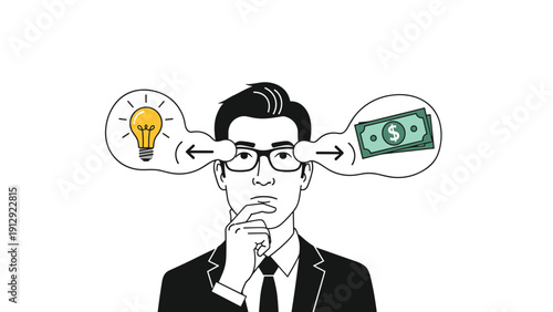 Businessman in glasses deep in thought with bubbles showing a choice or balance between a creative idea and financial profit.