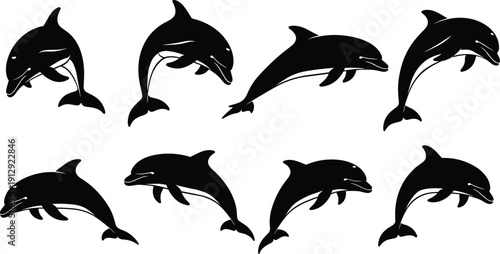 Dolphin Silhouette Set Showing Jumping and Swimming Marine Mammals in Different Dynamic Poses for Ocean and Wildlife Illustration