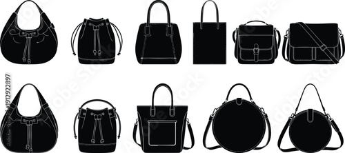 Black silhouettes of various fashionable lady handbags including tote bags purses and crossbody satchels isolated on white background for retail fashion and commercial design