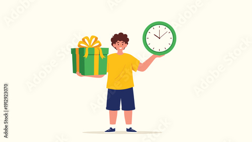 Young boy character holding a green gift box and a green clock representing timely rewards and the importance of giving on time.