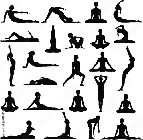 Yoga poses silhouette collection, woman practicing meditation and stretching exercises isolated on white background fitness wellness concept illustration set