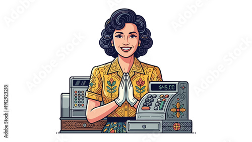 Smiling Woman Cashier Greeting Customers with Cash Registers.