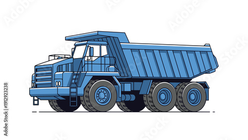 Side view illustration of a massive blue heavy duty dump truck used for construction, mining, and earthmoving operations.