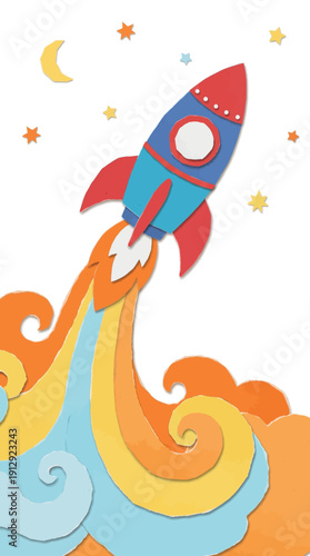Layered paper cut style space rocket launching into sky. 3d origami spacecraft and business startup growth concept.