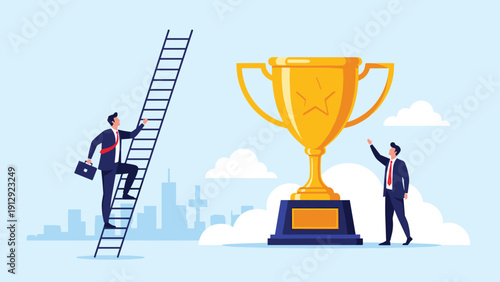 Ambitious businessman climbing a tall ladder toward a giant gold trophy cup representing the journey to high business achievement.