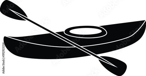 Kayak canoe silhouette illustration, paddle boat icon, water sport equipment, outdoor recreation symbol, black vector design, isolated white background