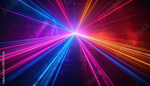 Vibrant neon laser beams explode from a central vanishing point across a dark, wet floor.