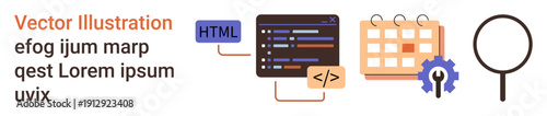 Web development, project management, search optimization, coding, programming tools, scheduling. Illustrative elements include code snippets, calendar gear and a magnifying glass. Web development