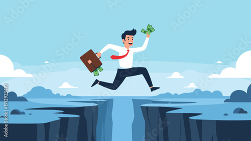 Energetic businessman jumps across a wide mountain gap while carrying a briefcase full of cash and holding extra paper money.
