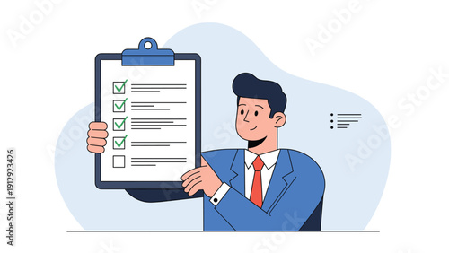 Smiling professional man in a business suit holds up a clipboard displaying a completed checklist with several green check marks.